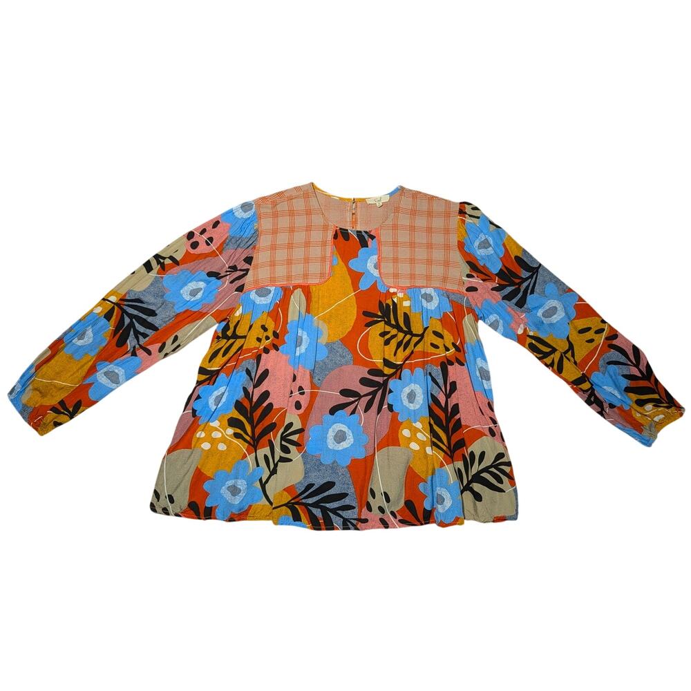 Easel Los Angeles Floral Plaid Mixed Media Peasant Blouse Plus Size 1X Boho